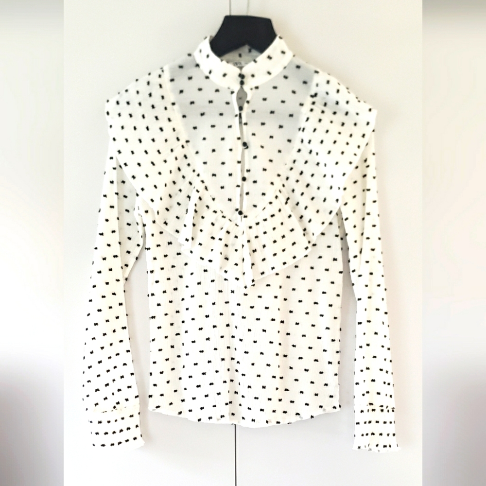 Zara long sleeve shirt with ruffle , size small , white with black ⚫
